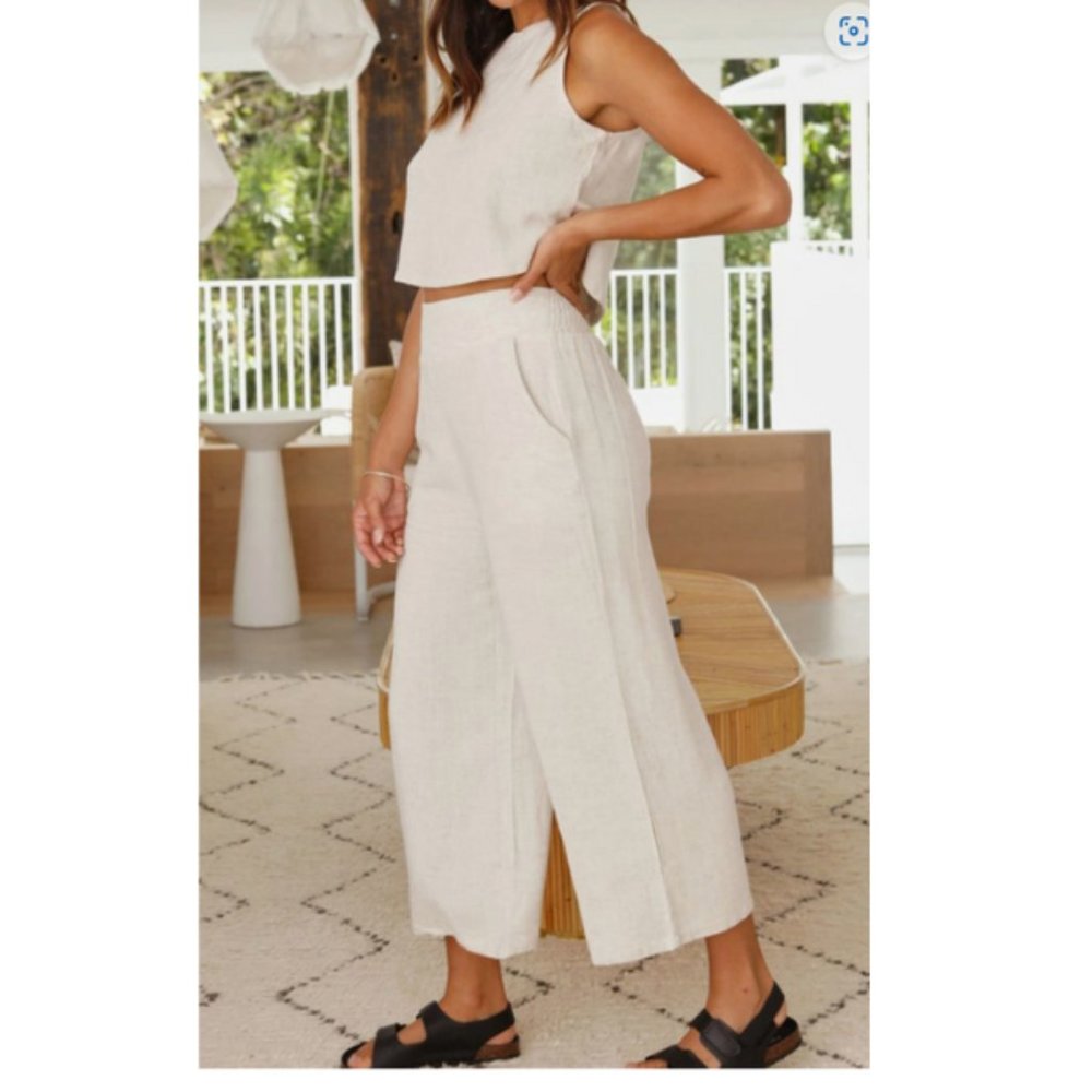 Cream Linen Tank Top Pants Set - Picture 2 of 4